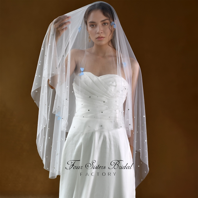 3D Blue Butterfly Beading Veil Without Comb