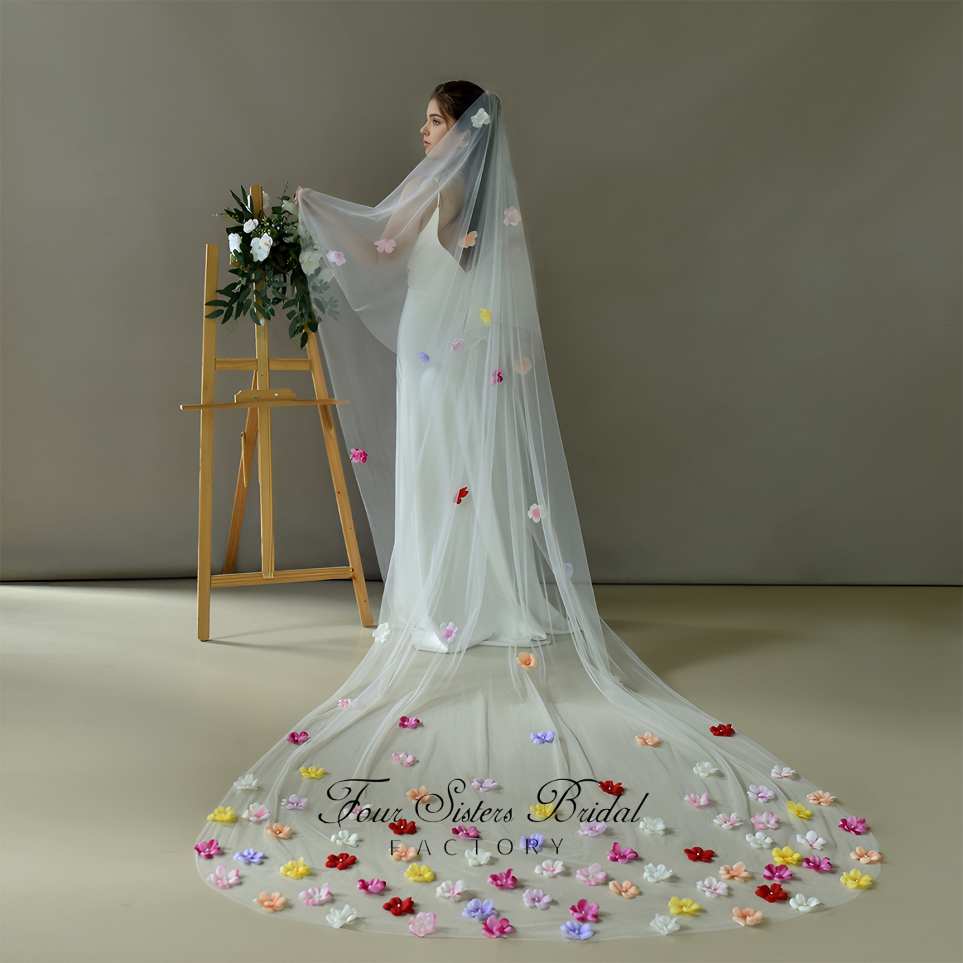 Two Layers 3D Colorful Flowers Veils