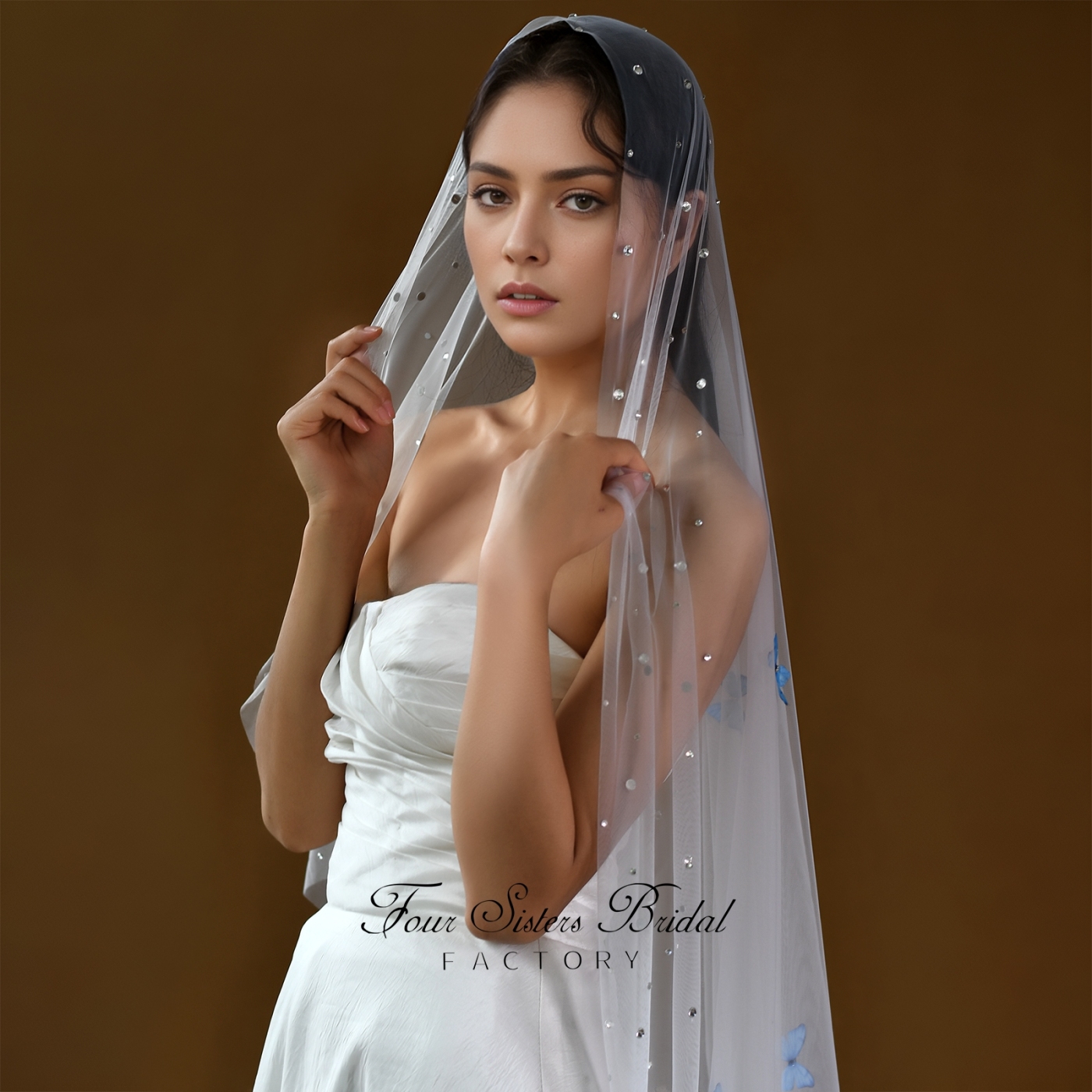 3D Blue Butterfly Beading Veil Without Comb