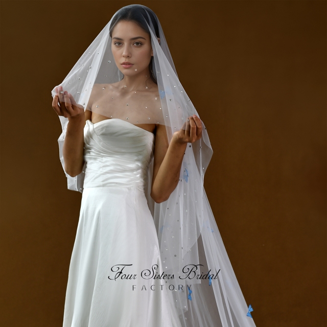 3D Blue Butterfly Beading Veil Without Comb