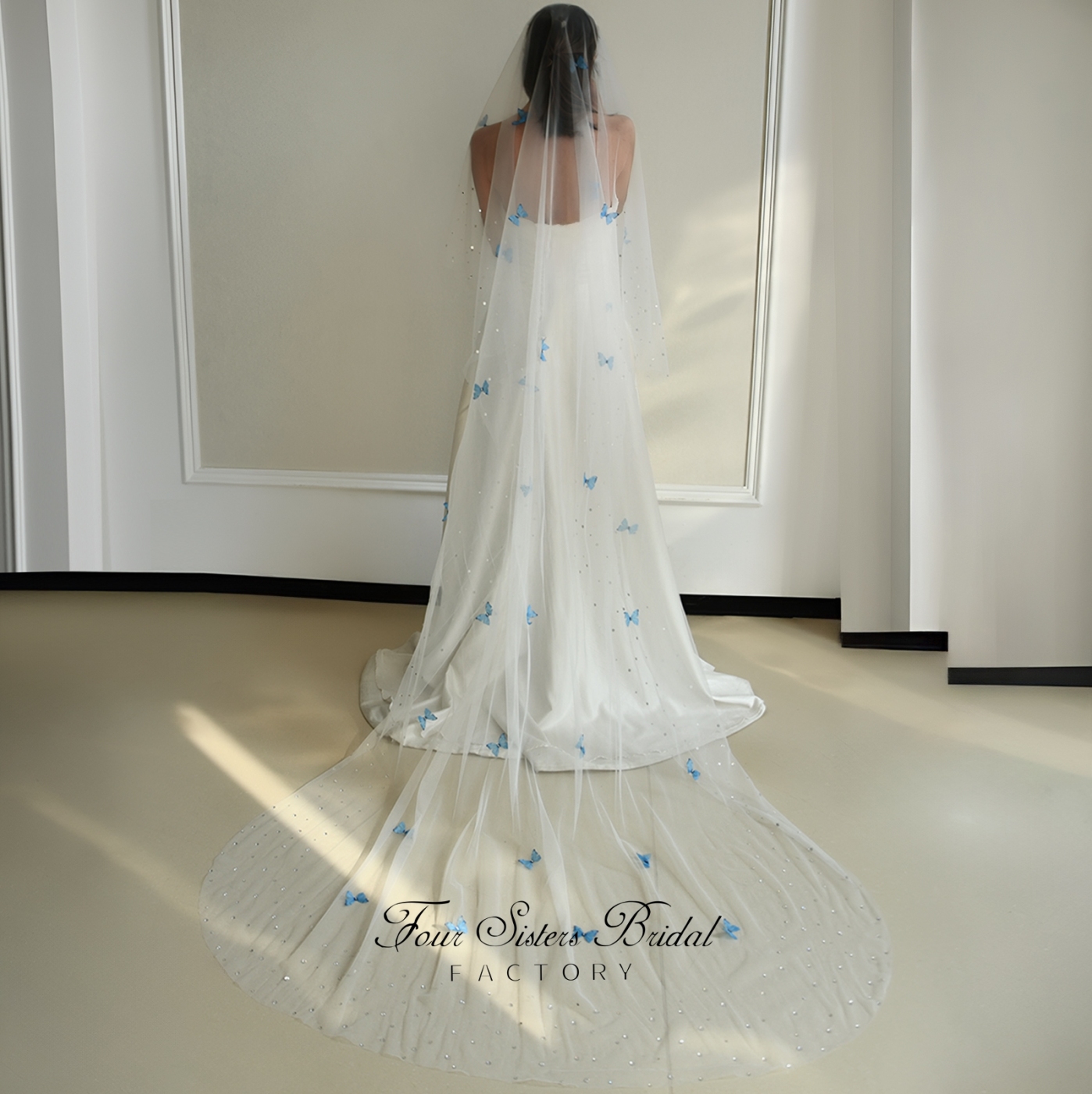 3D Blue Butterfly Beading Veil Without Comb