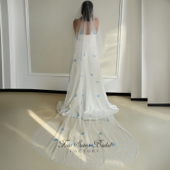 3D Blue Butterfly Beading Veil Without Comb