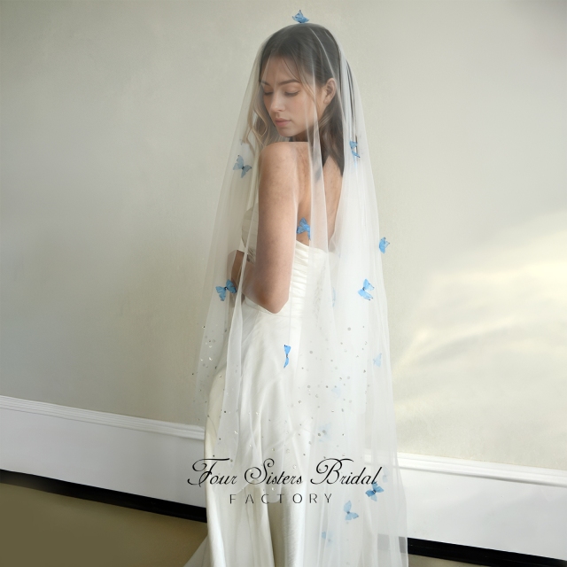 3D Blue Butterfly Beading Veil Without Comb