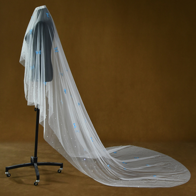 3D Blue Butterfly Beading Veil Without Comb
