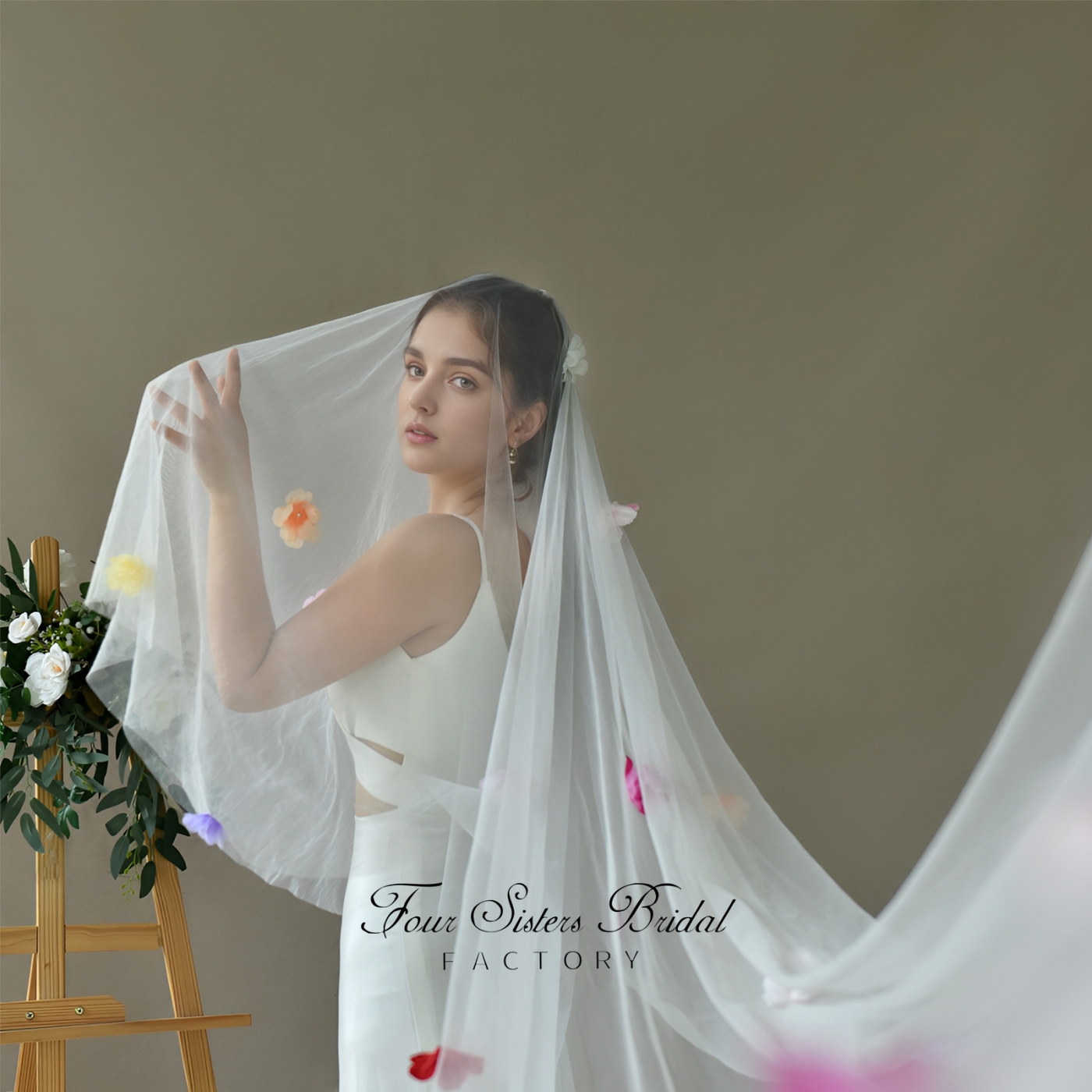 Two Layers 3D Colorful Flowers Veils