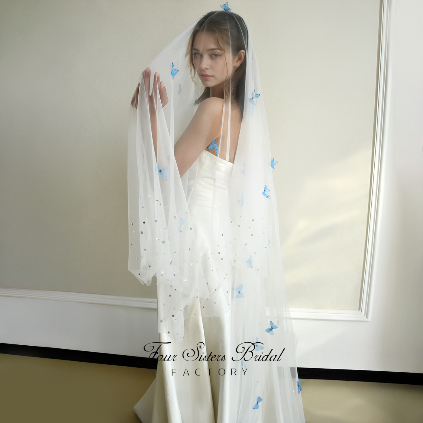3D Blue Butterfly Beading Veil Without Comb