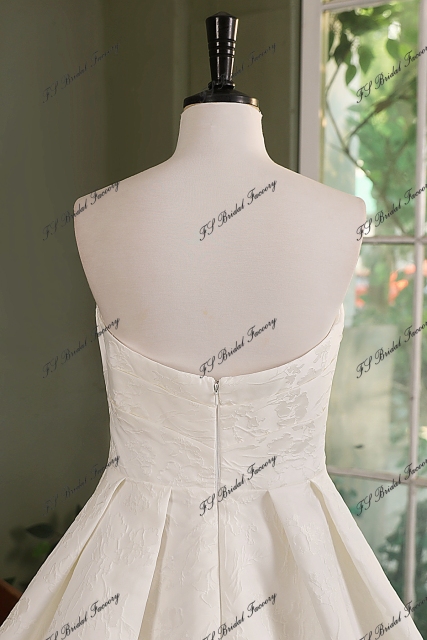 Ivory Jacquard Satin Pleat Neckline Wedding Gown With Pocket