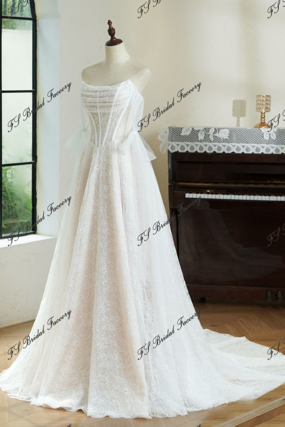 Lace A-line Wedding Gown With Off-the-shoulder Tulle Drapes