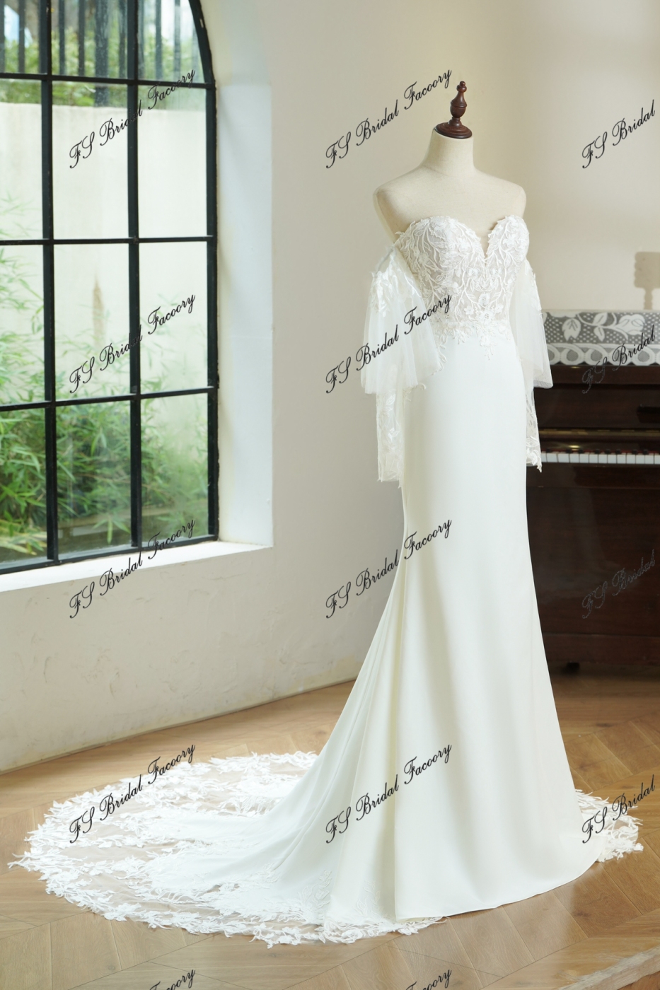 Mermaid Crepe Skirt Lace Wedding Gown With Tulle Sleeves