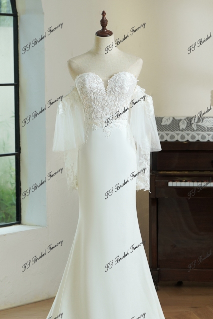Mermaid Crepe Skirt Lace Wedding Gown With Tulle Sleeves