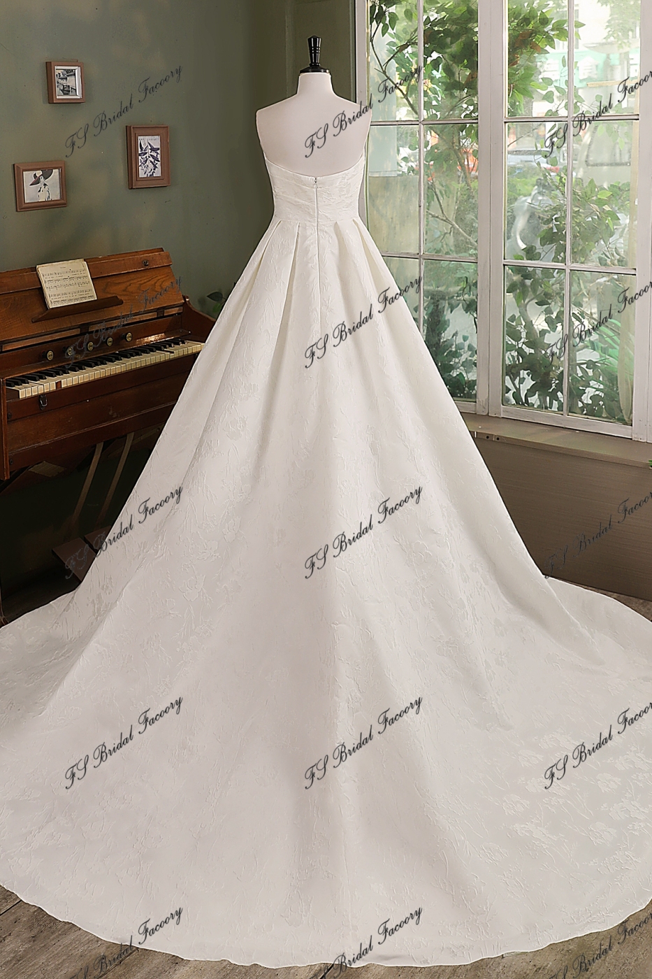 Ivory Jacquard Satin Pleat Neckline Wedding Gown With Pocket