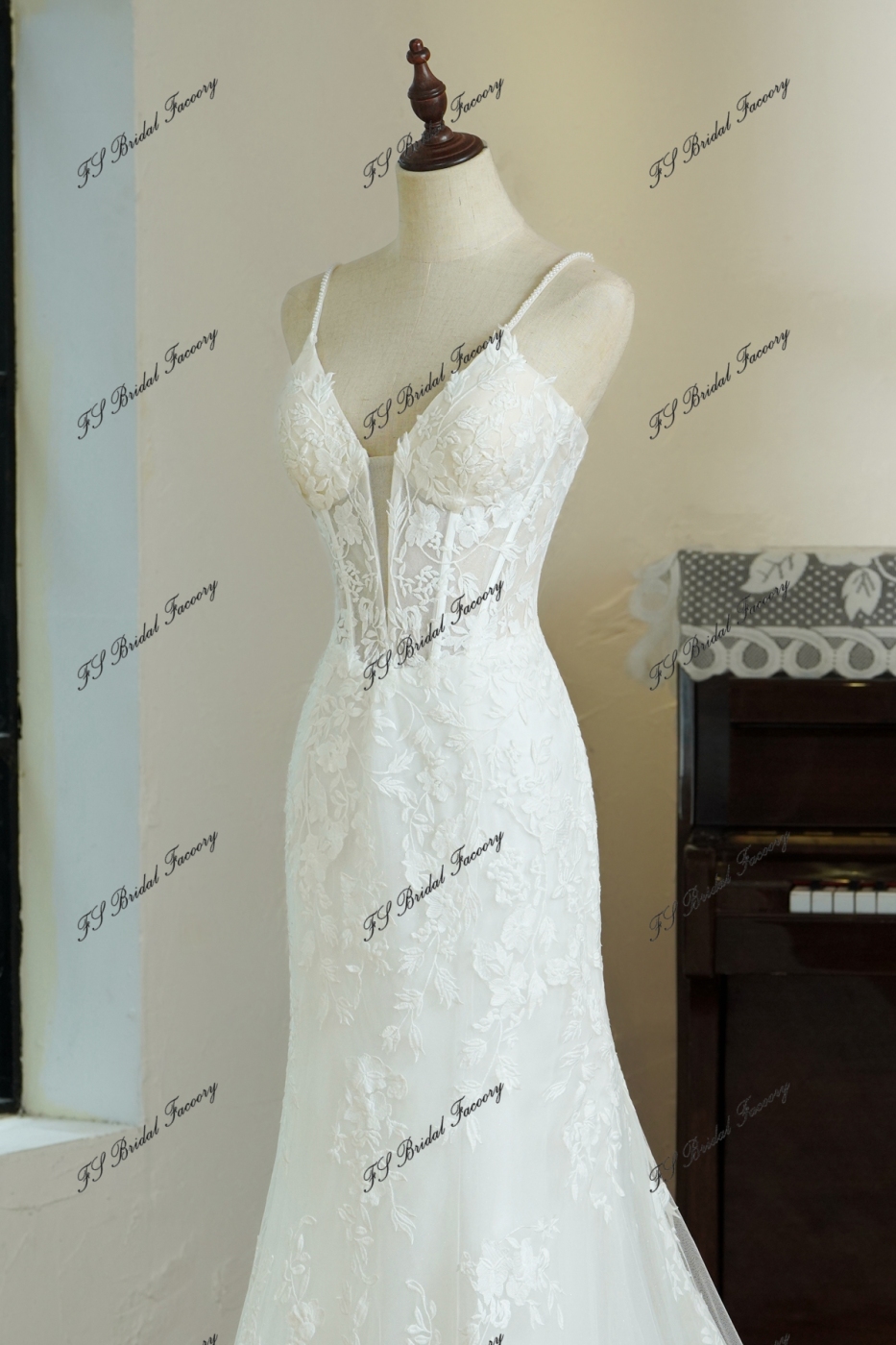 Plunging V-neckline Lace Mermaid Wedding Gown With thin pearl straps