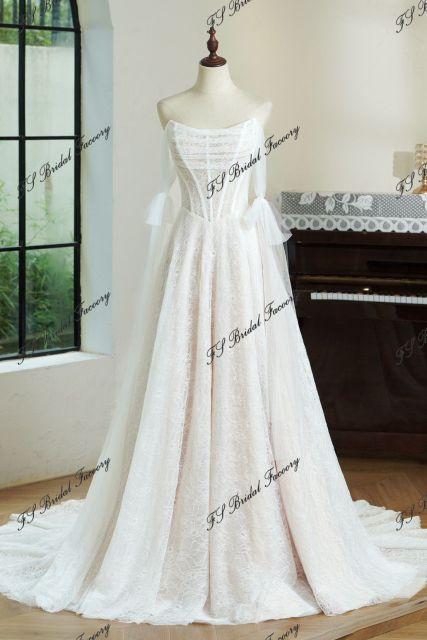 Lace A-line Wedding Gown With Off-the-shoulder Tulle Drapes