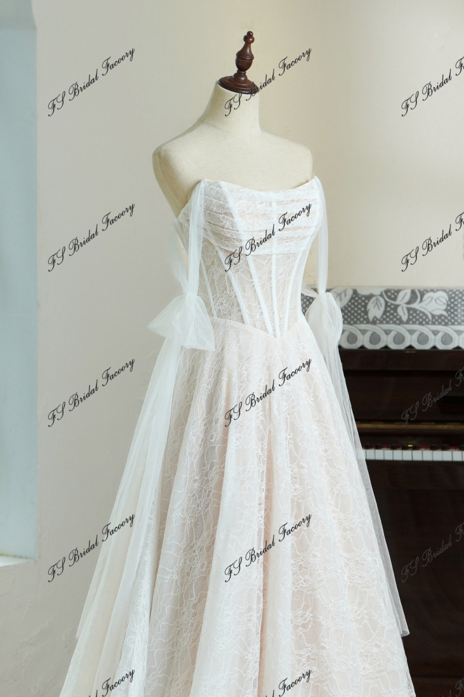 Lace A-line Wedding Gown With Off-the-shoulder Tulle Drapes