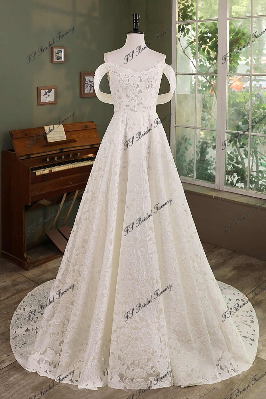 Romantic Floral Lace Off-the-Shoulder A-Line Wedding Dress