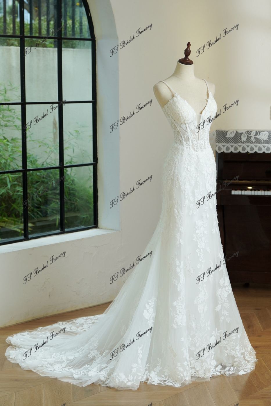 Plunging V-neckline Lace Mermaid Wedding Gown With thin pearl straps