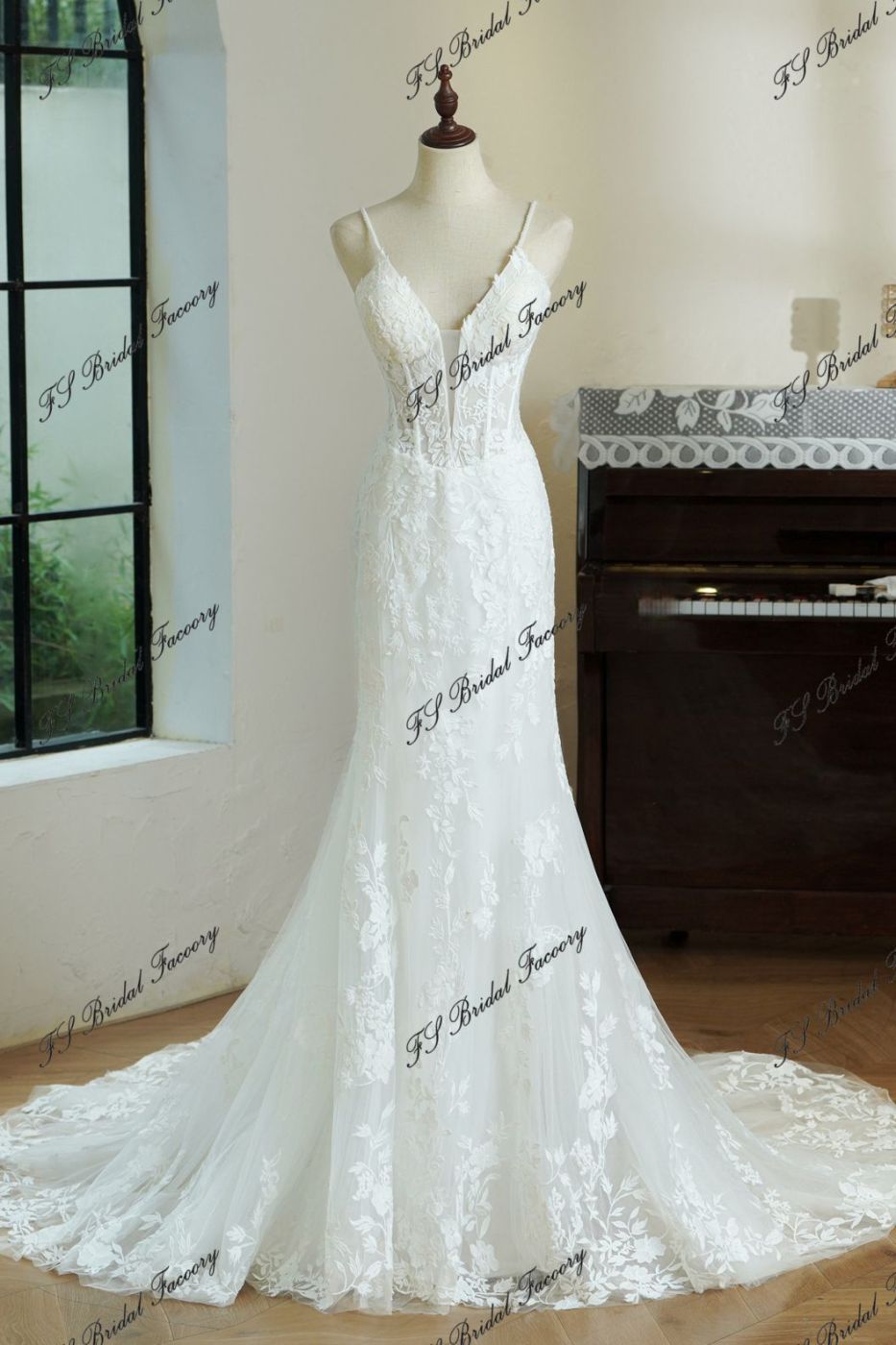 Plunging V-neckline Lace Mermaid Wedding Gown With thin pearl straps