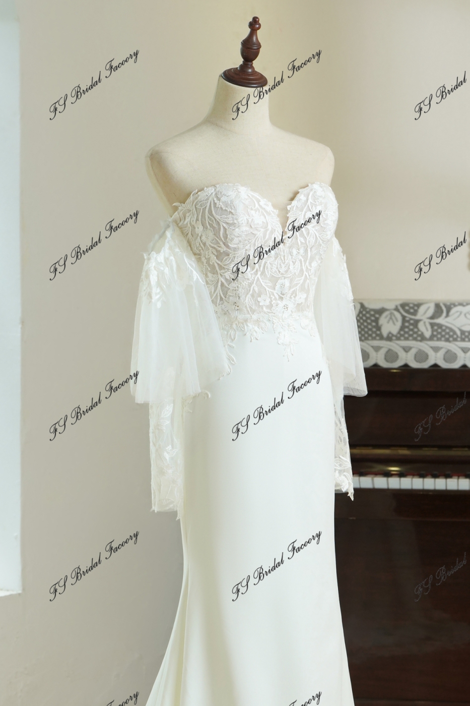 Mermaid Crepe Skirt Lace Wedding Gown With Tulle Sleeves