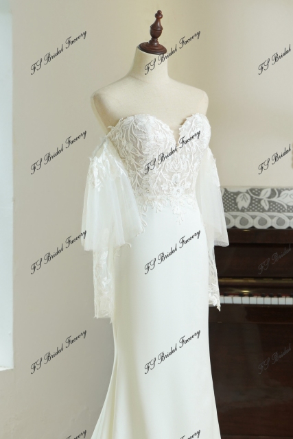 Mermaid Crepe Skirt Lace Wedding Gown With Tulle Sleeves