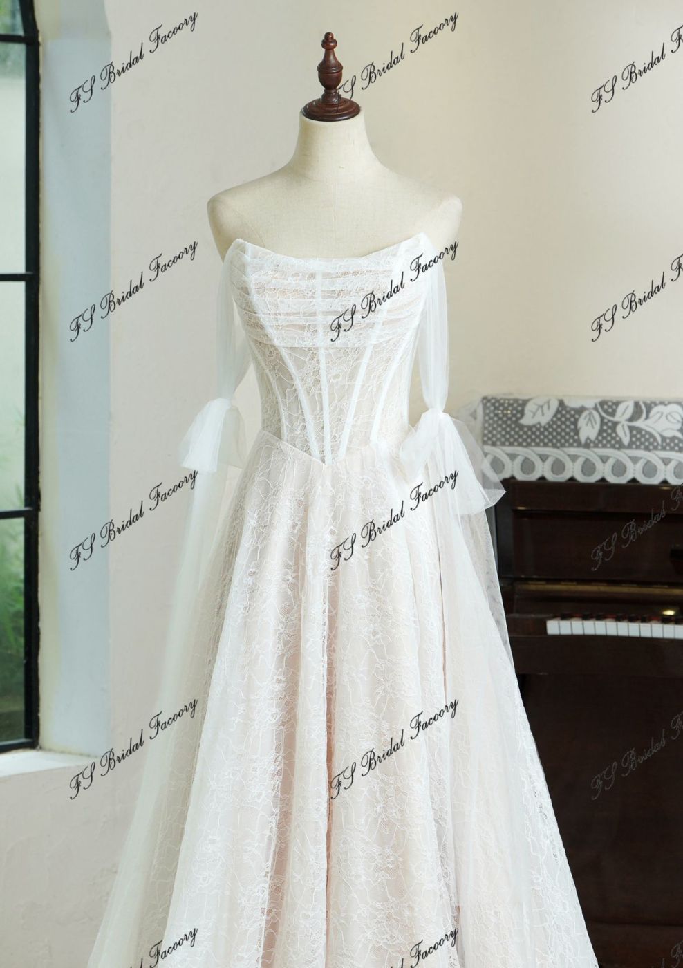Lace A-line Wedding Gown With Off-the-shoulder Tulle Drapes