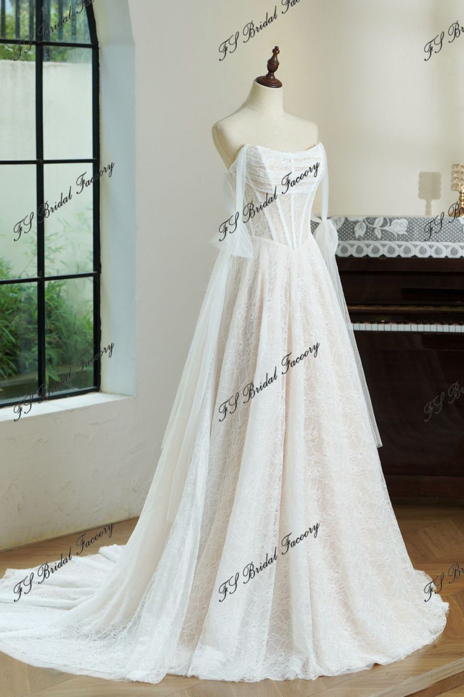 Lace A-line Wedding Gown With Off-the-shoulder Tulle Drapes