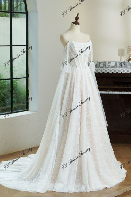 Lace A-line Wedding Gown With Off-the-shoulder Tulle Drapes