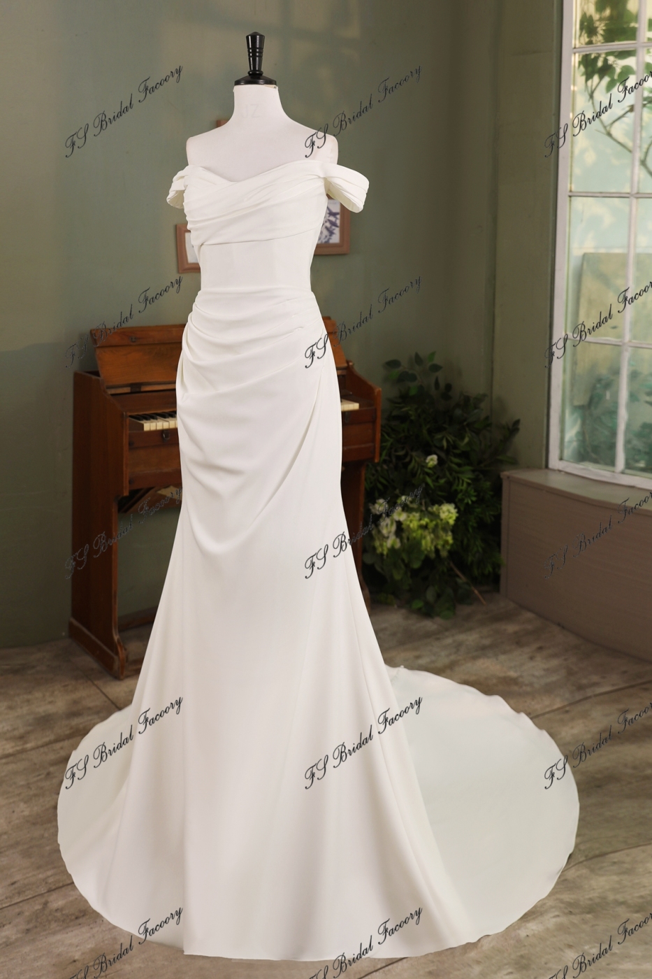 Ruched Mermaid Crepe Wedding Gown