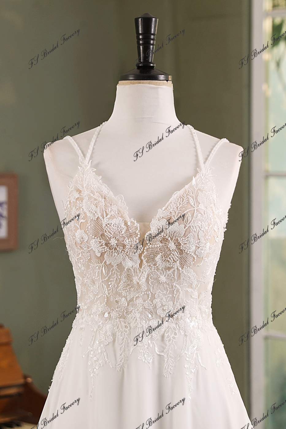 Lace Chiffon A-line Wedding Gown With Lace Appliqué Train