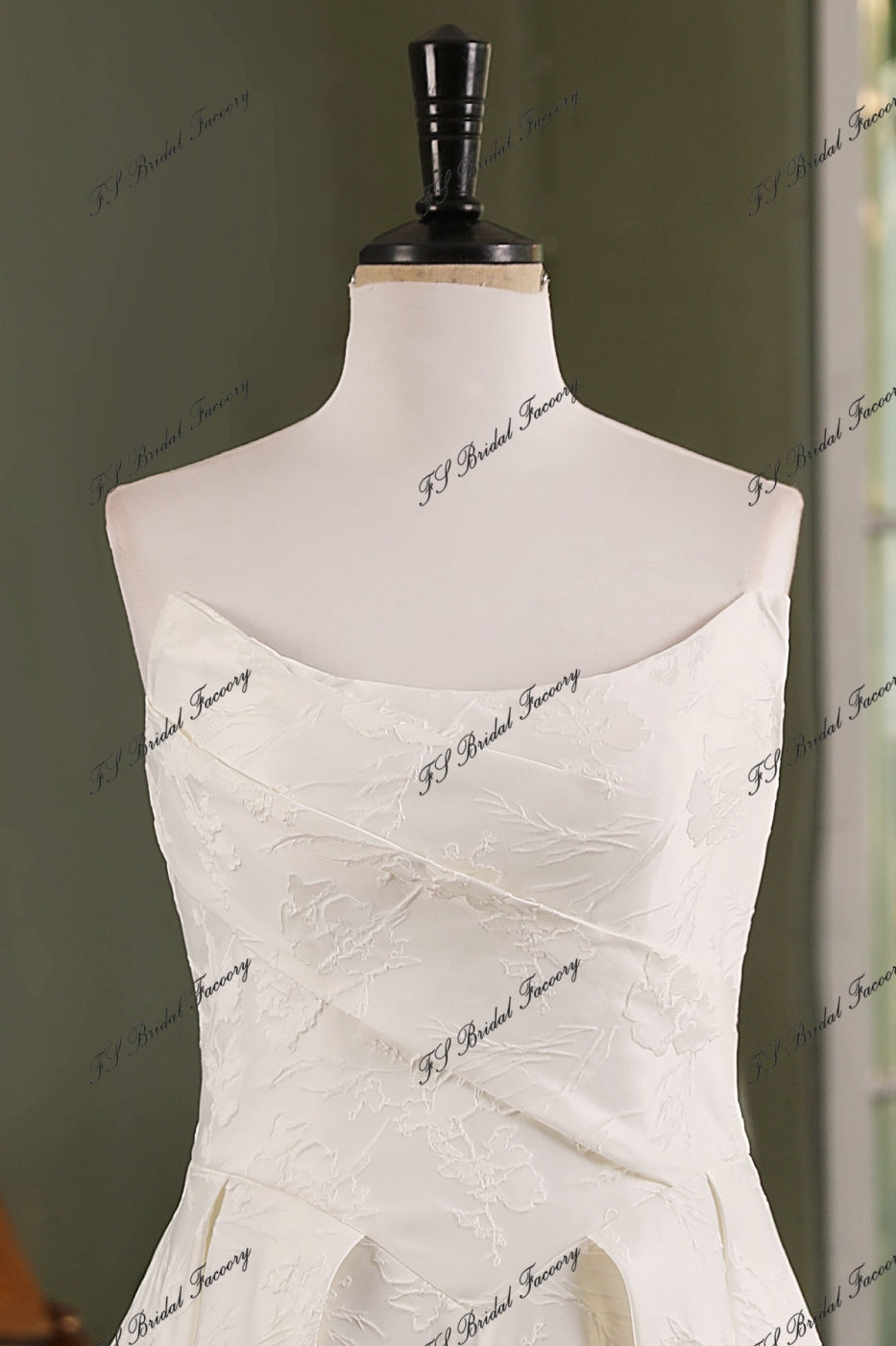 Ivory Jacquard Satin Pleat Neckline Wedding Gown With Pocket