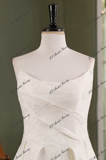 Ivory Jacquard Satin Pleat Neckline Wedding Gown With Pocket