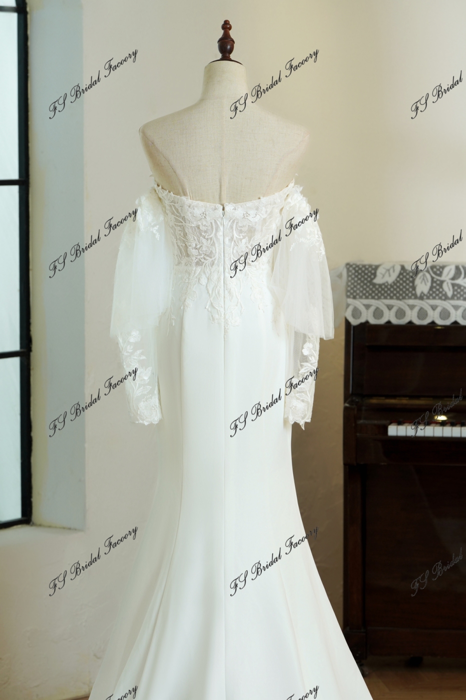 Mermaid Crepe Skirt Lace Wedding Gown With Tulle Sleeves