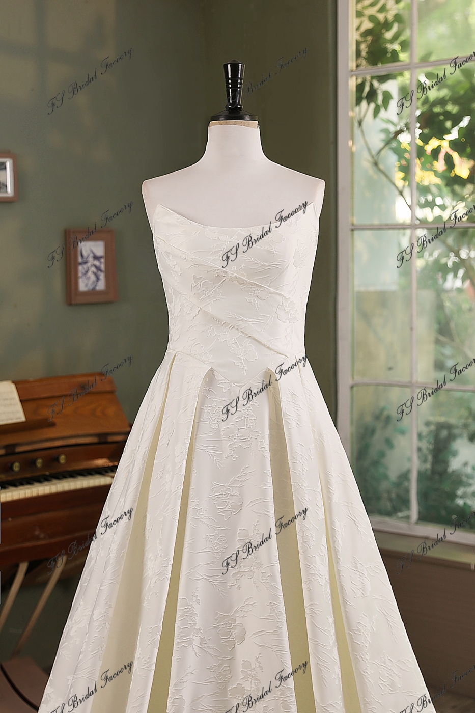 Ivory Jacquard Satin Pleat Neckline Wedding Gown With Pocket
