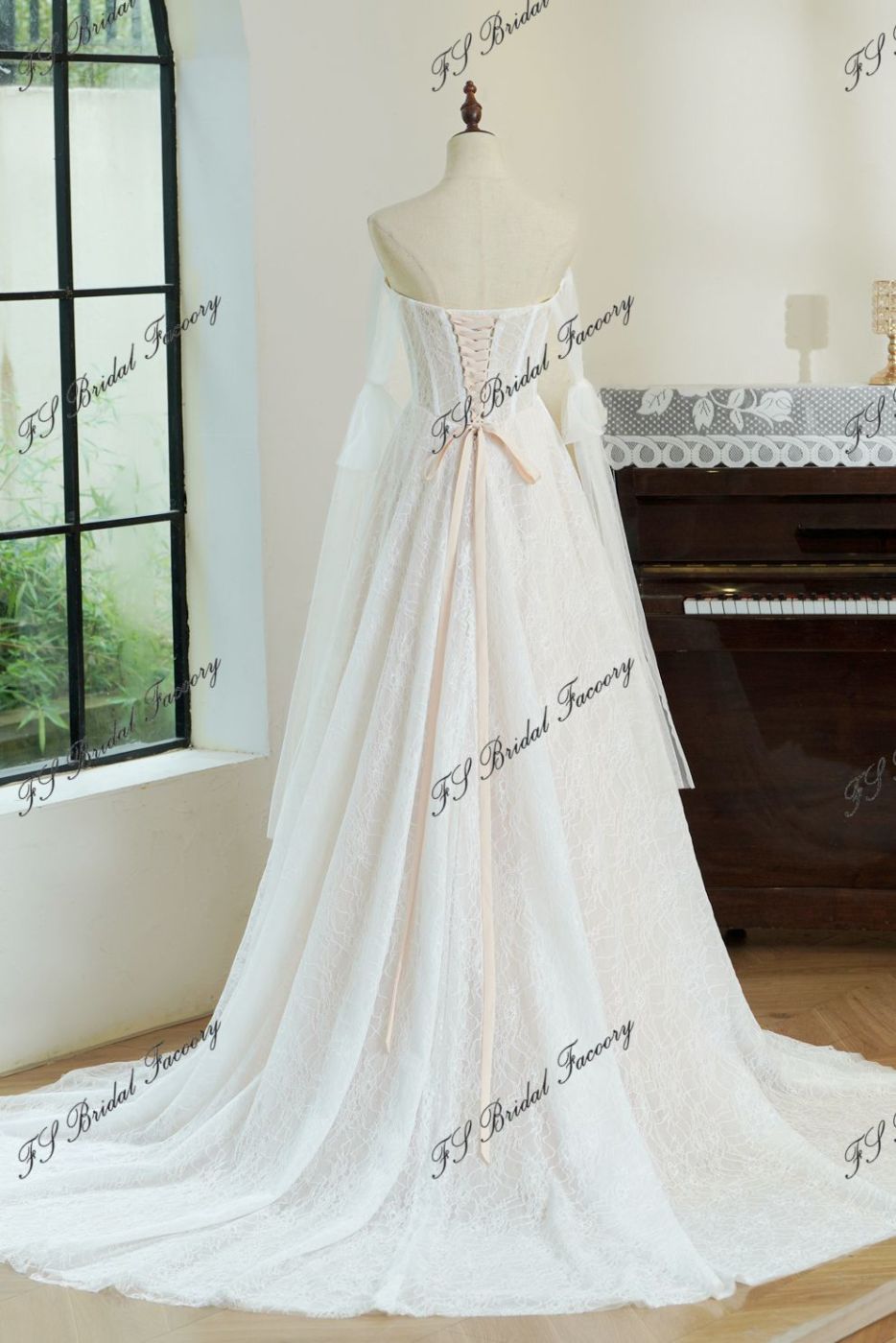 Lace A-line Wedding Gown With Off-the-shoulder Tulle Drapes