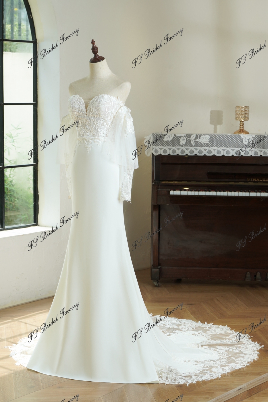Mermaid Crepe Skirt Lace Wedding Gown With Tulle Sleeves