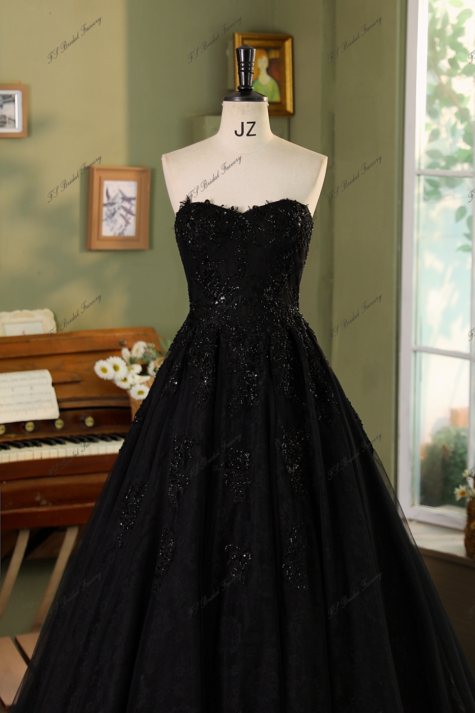 Black A Line Beading Tulle Wedding Gown