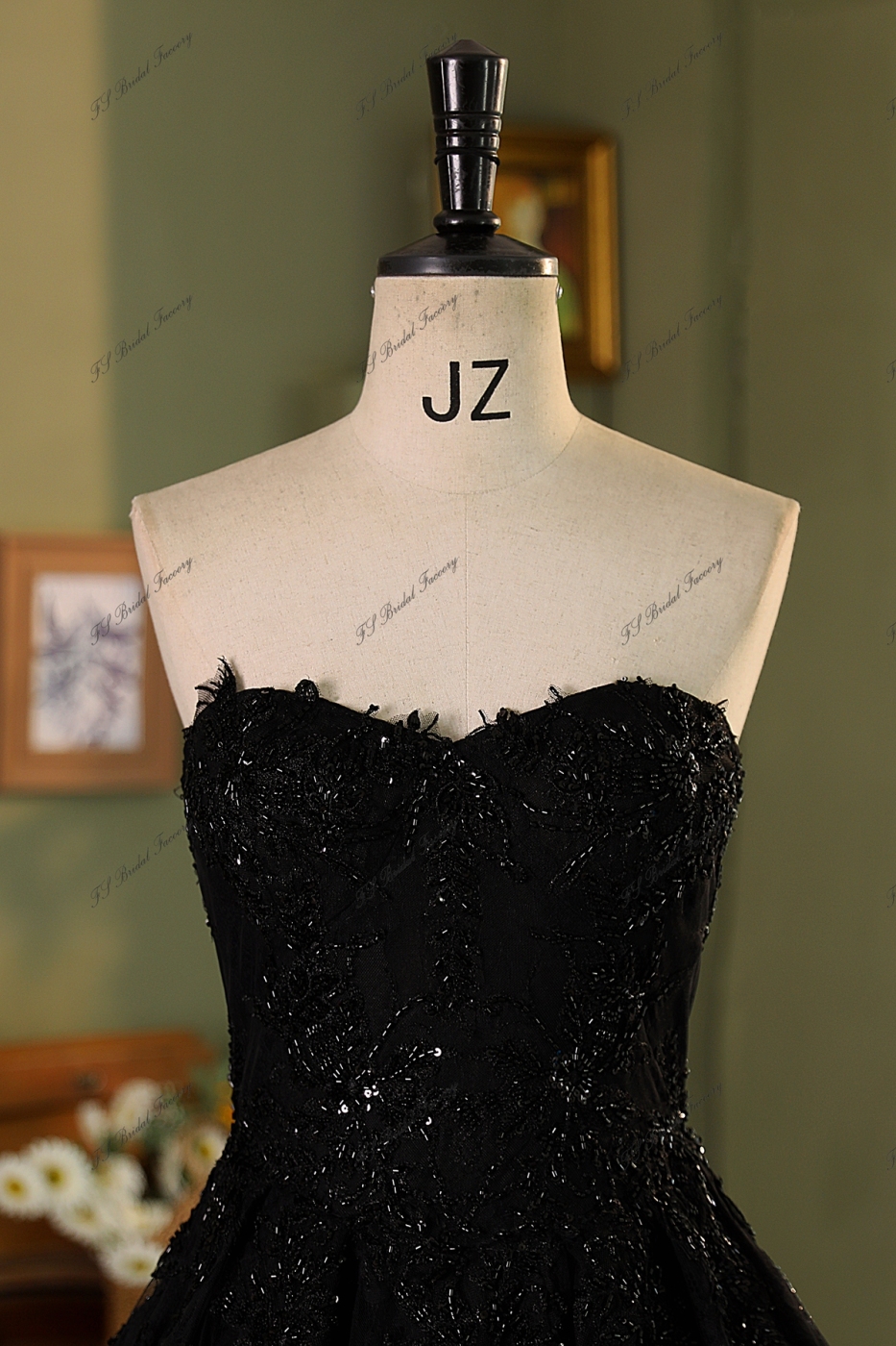 Black A Line Beading Tulle Wedding Gown