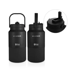 2023 Latest Half Gallon 64oz Double Wall Stainless steel Water Jug With Handle and Straw Lid and Silicone Sleeve