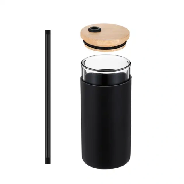 18oz 550ml Beverage Glass Tumbler Silicone Sleeve Glass Tumblers with Bamboo Lids and Straws