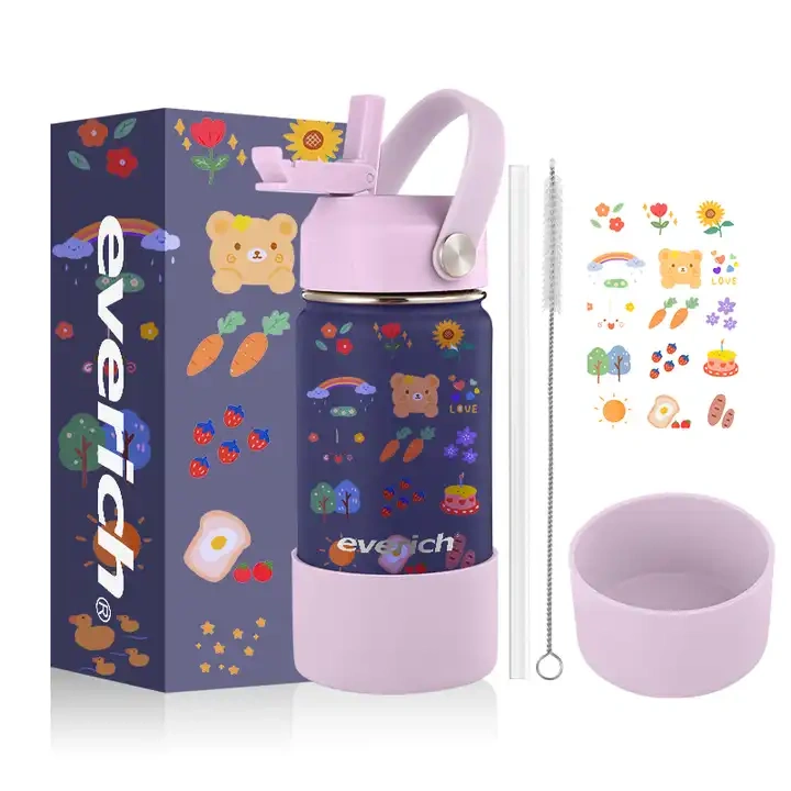 Kids Black to School BPA free LFGB Double walled Insulated Stainless Steel Vacuum Flask Sport Water Bottle with straw easy carry