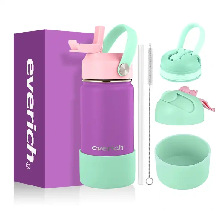 Kids Black to School BPA free LFGB Double walled Insulated Stainless Steel Vacuum Flask Sport Water Bottle with straw easy carry