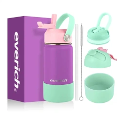 Kids Black to School BPA free LFGB Double walled Insulated Stainless Steel Vacuum Flask Sport Water Bottle with straw easy carry