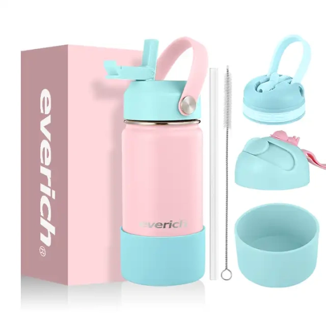 Kids Black to School BPA free LFGB Double walled Insulated Stainless Steel Vacuum Flask Sport Water Bottle with straw easy carry