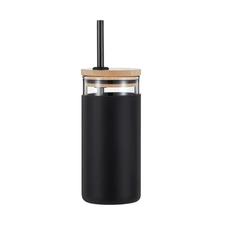 18oz 550ml Beverage Glass Tumbler Silicone Sleeve Glass Tumblers with Bamboo Lids and Straws