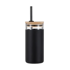 18oz 550ml Beverage Glass Tumbler Silicone Sleeve Glass Tumblers with Bamboo Lids and Straws