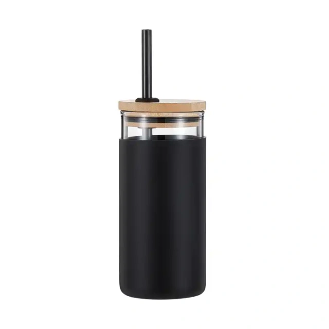 18oz 550ml Beverage Glass Tumbler Silicone Sleeve Glass Tumblers with Bamboo Lids and Straws