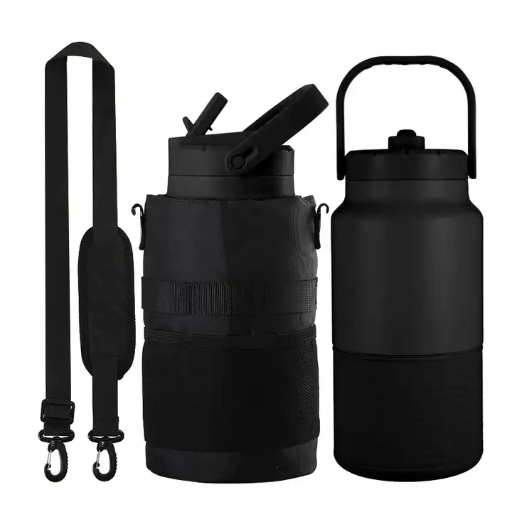 Outdoor straw lid fitness gym sport 18/8 stainless steel double wall insulated vacuum flask 64oz water bottle jug with bag