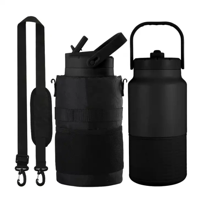Outdoor straw lid fitness gym sport 18/8 stainless steel double wall insulated vacuum flask 64oz water bottle jug with bag