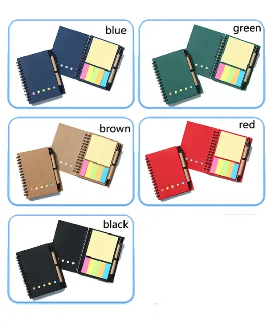 Cheap Promotional Custom Logo Spiral Notebook Kraft Paper Cover Notepad with Sticky Notes and Eco-friendly Pen