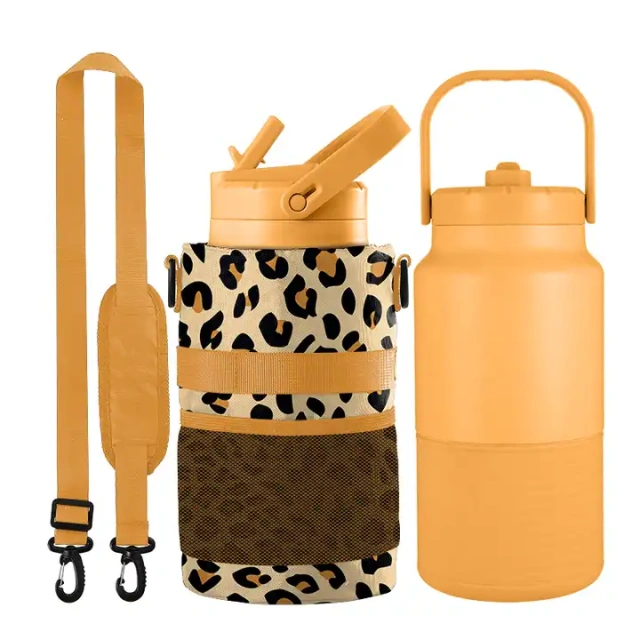 Outdoor straw lid fitness gym sport 18/8 stainless steel double wall insulated vacuum flask 64oz water bottle jug with bag