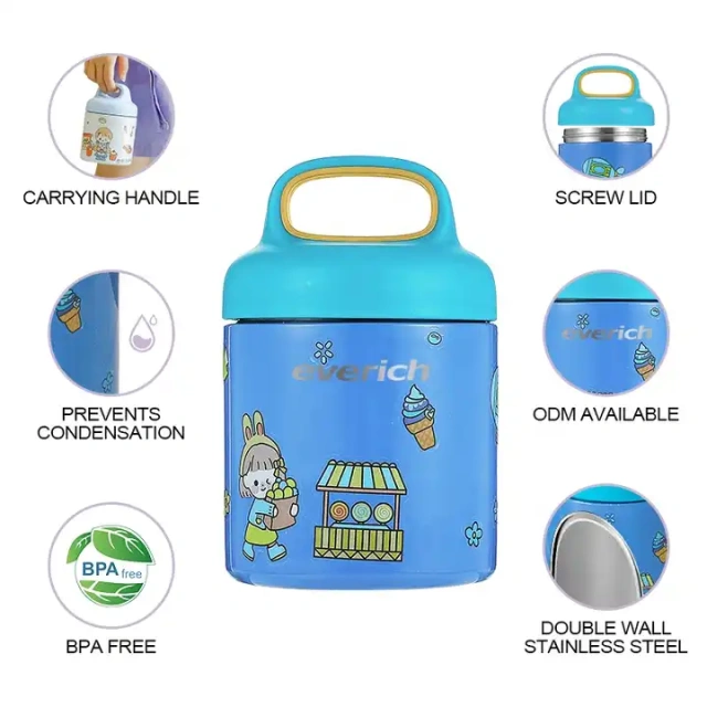 ODM Kids Back to School Lunch Box BPA Free 14oz Kids Stainless Steel Straw Lid Water Bottle Set